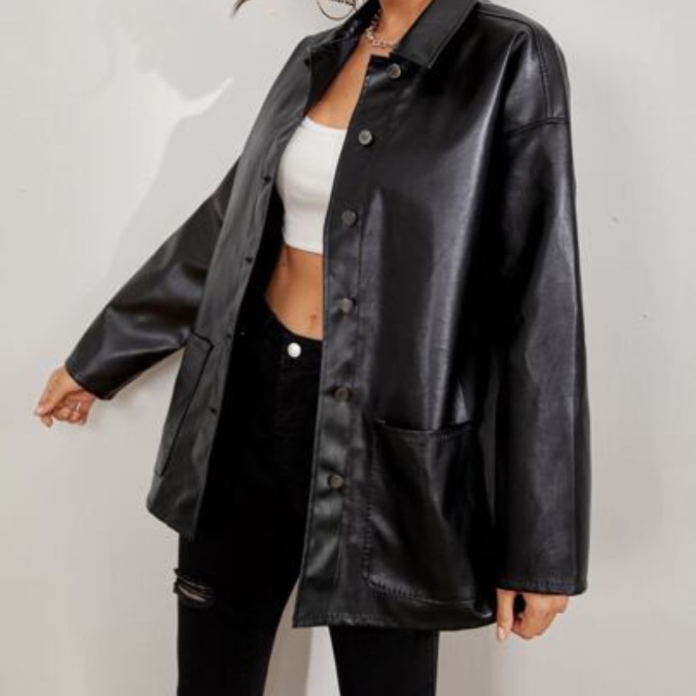 button front leather jacket coat